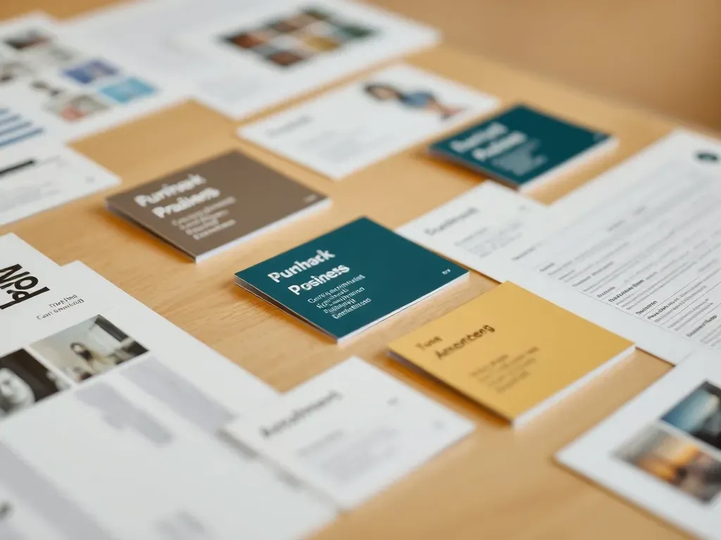 multiple projects business cards on the table next to documents