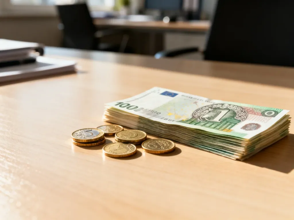 Stos banknotów euro oraz monety złotówki na drewnianym stole, symbolizujące wymianę walut i finanse.