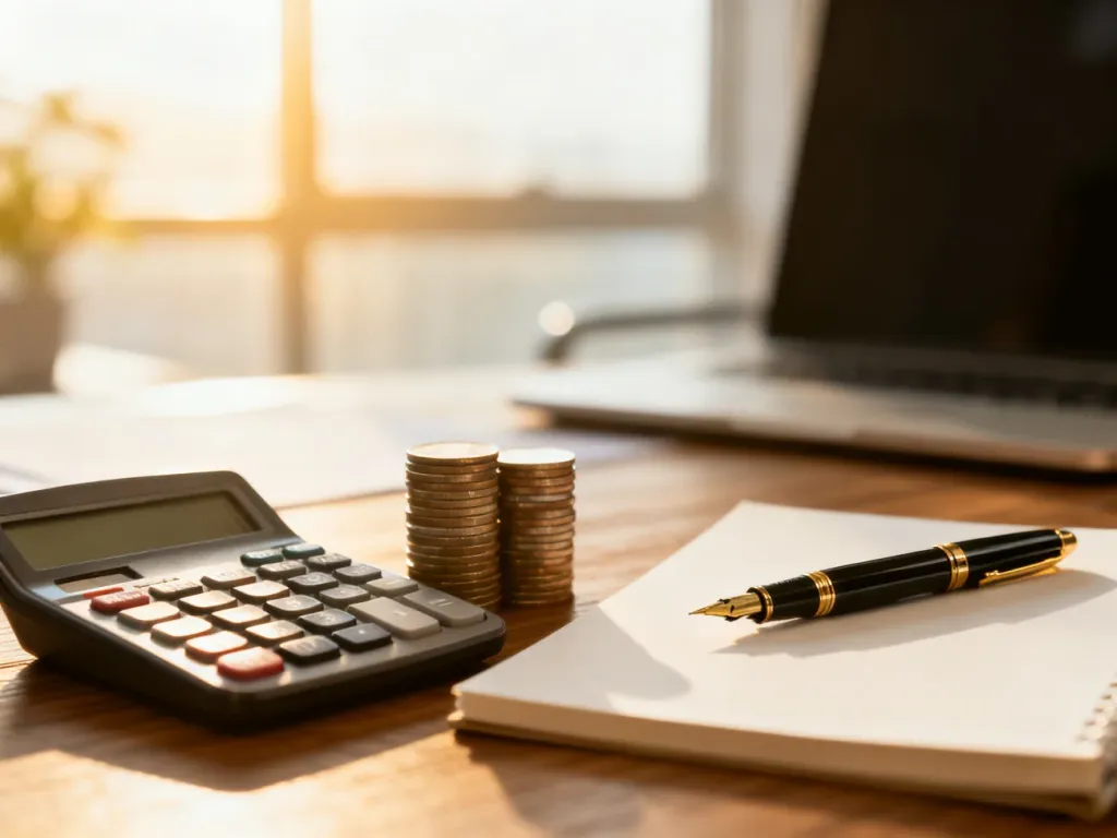 Profesjonalne biurko z kalkulatorem, monetami i notatnikiem, symbolizujące planowanie finansów i obliczenia płacowe.
