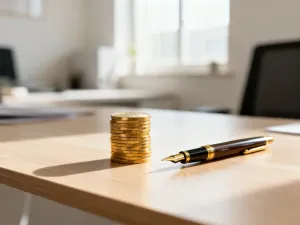 Profesjonalne biurko z kalkulatorem i monetami, symbolizujące planowanie finansów i obliczanie wynagrodzenia.