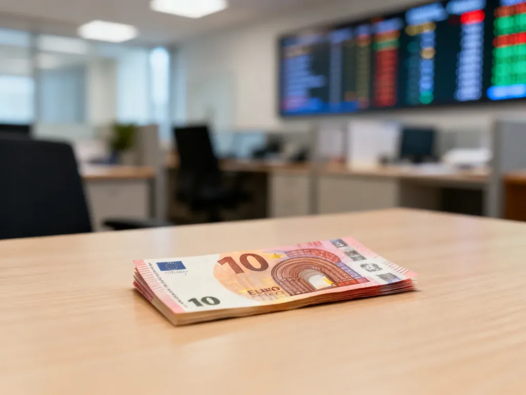 Banknot dziesięcioeuro leżący na drewnianym blacie, symbolizujący wymianę walut i finanse.