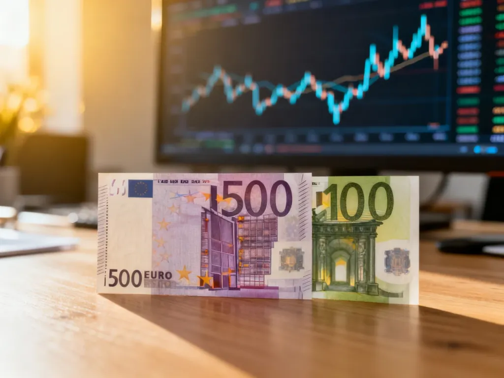 Banknoty 500 i 100 euro leżące na drewnianym biurku na tle wykresów kursów walut.