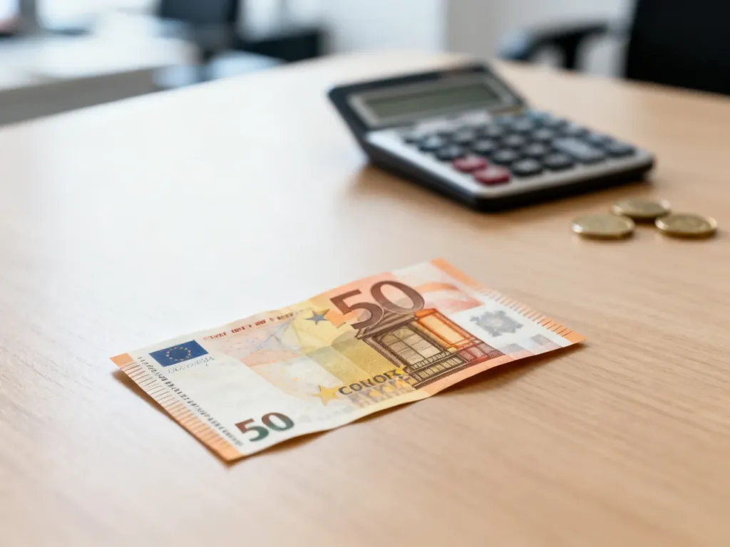 Banknot 50 euro leżący na drewnianym biurku w tle z kalkulatorem, ilustrujący przelicznik walut.