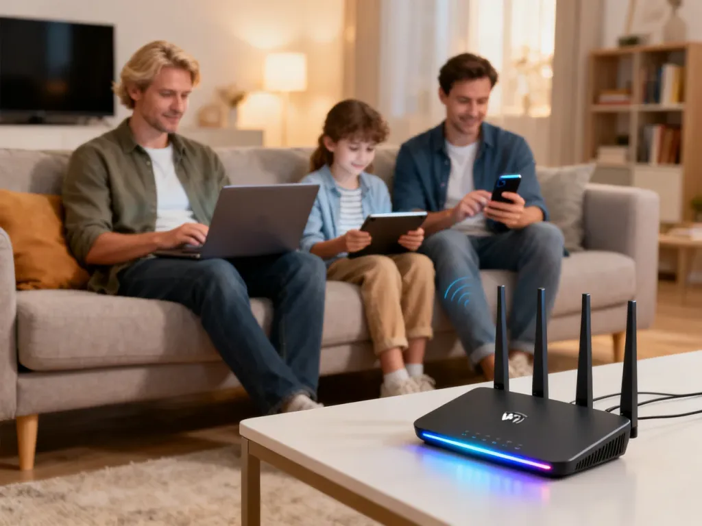 Rodzina w salonie korzysta z laptopa, tabletu i smartfona podłączonych do nowoczesnego routera Wi‑Fi w domu.
